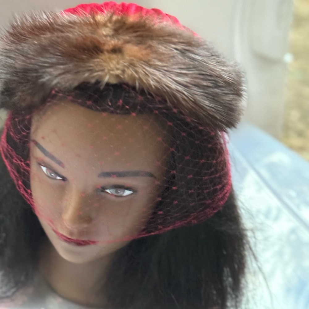 Vintage Red Velvet Mink Fur Pillbox Hat with Birdcage Veil Pleated Turban Style